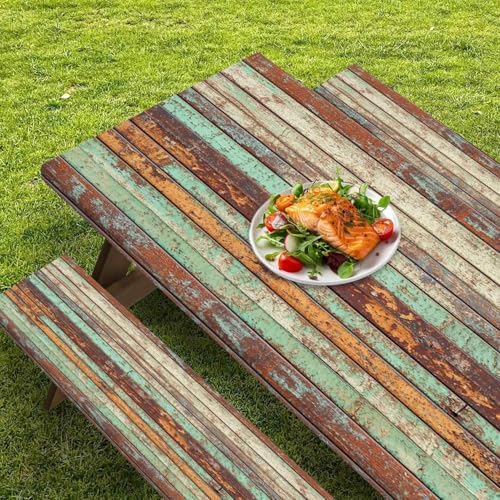 CAPSCEOLL Elastic Picnic Table Cover with Bench Covers 8ft - Windproof Scratch-Resistant Waterproof - Rustic Wood Camping Tablecloth with Drawstring Bag for RV Essentials Pet Lovers (96in, 3 PCS) - Image 5