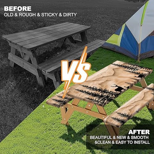 Picnic Table Cover with Bench Covers Camping Essentials Rustic Hunting Deer Forest Waterproof Windproof Camping Tablecloth Fitted Tablecloth Cover with Elastic Edge for Indoor Outdoor 3 PCS 30x60 Inch - Image 4