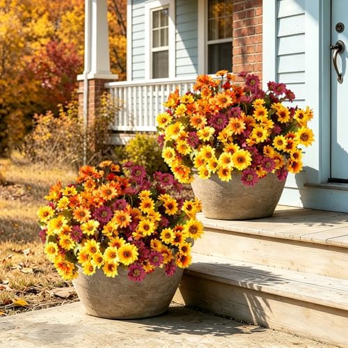 24Pcs Fake Flowers Artificial Mums for Outdoors,UV Resistant Faux Mums for Outdoor Planters Realistic Daisy No Fade Fall Flowers for Front Door Garden Patio Yard Autumn Decor by Cherica