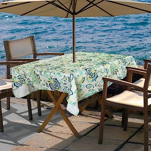 ColorBird Outdoor Rectangle Tablecloth, 60×84 inch Patio Rectangle Tablecloth with Umbrella Hole Blue Bosemia Flower Plastic Table Cloth for Patio Garden Tabletop - Image 5