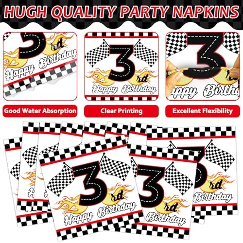 96PCS Race Car Themed 3rd Party Paper Plates and Napkins and Forks Set Young Fast Three Party Tableware Racing Checkered Flag Disposable Dinnerware for Kids Birthday Gatherings Decorations - Image 4