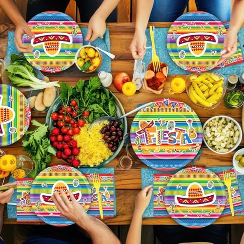 200 PCS Mexican Fiesta Party Plates Napkins Fiesta Themed Tableware Set for Mexican Party Decorations Dessert Plates Forks Serves 50 Guests for Birthday Favor Supplies - Image 5