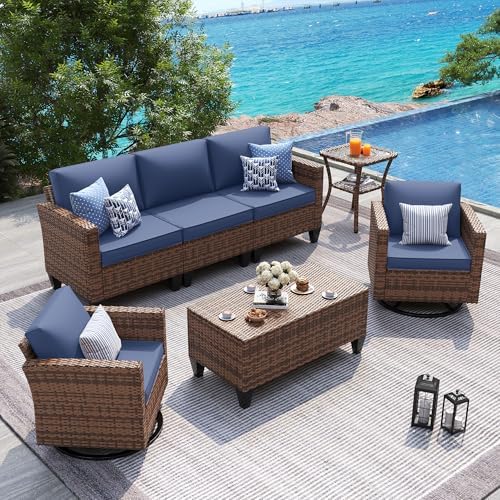UDPATIO Patio Furniture Set, 5 Pieces Outdoor Conversation Sets with Rocking Swivel Chairs, Wicker Rattan Outdoor Sofa Set with Storage Table and Waterproof Covers for Backyard, Deck, Porch, Navy by UDPATIO