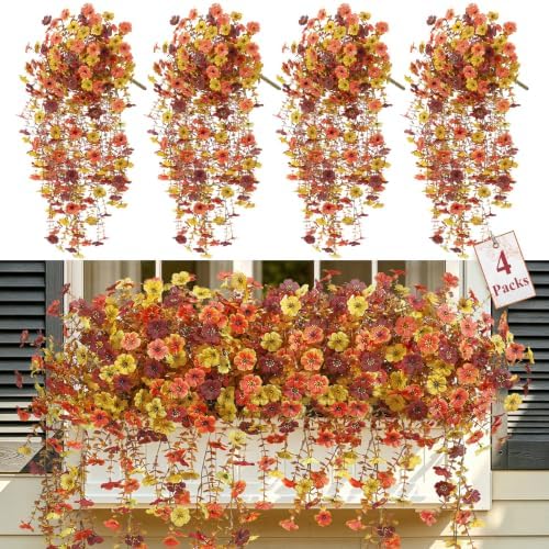 4Pcs Artificial Fall Flowers for Outdoor, Fake Mums UV Resistant Decoration by Alupssuc