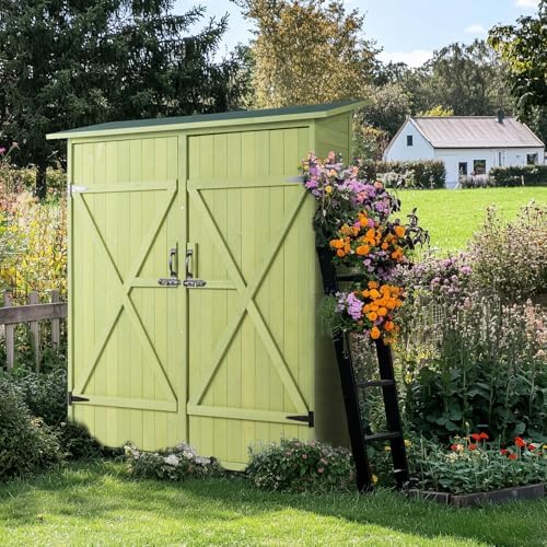 VINGLI Upgraded Outdoor Wooden Storage Shed, Extra Large Garden Shed Outside Tool Cabinet with 2 Safety Latches, Patio Storage Organizer for Garden Yard Lawn Equipment, Light Green - Image 2