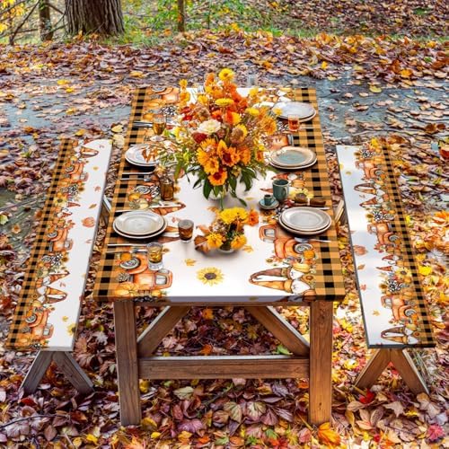 Fall Picnic Table Cover with Bench Covers, Camping Essentials, Thanksgiving Buffalo Plaid Floral Waterproof Windproof, Fitted Tablecloth Cover with Elastic Edge, Indoor & Outdoor, 3 PCS, 30x72 Inch - Image 2