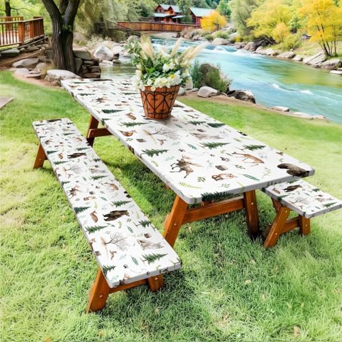 Picnic Table Cover with Bench Covers, Camping Essentials, Funny Rustic Woodland Animals Dear Beer Fox Table Cover Waterproof Fitted Tablecloth Cover with Elastic Edge for Outdoor 3 PCS 30x60 Inch - Image 4