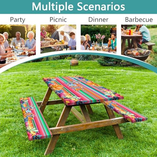 Mexican Fiesta Picnic Table Cover with Bench Covers, Cinco de Mayo Fiesta Waterproof Windproof, Camping Essentials, Fitted Tablecloth Cover with Elastic Edge, for Garden & Outdoor, 3 PCS, 30x72 Inch - Image 4