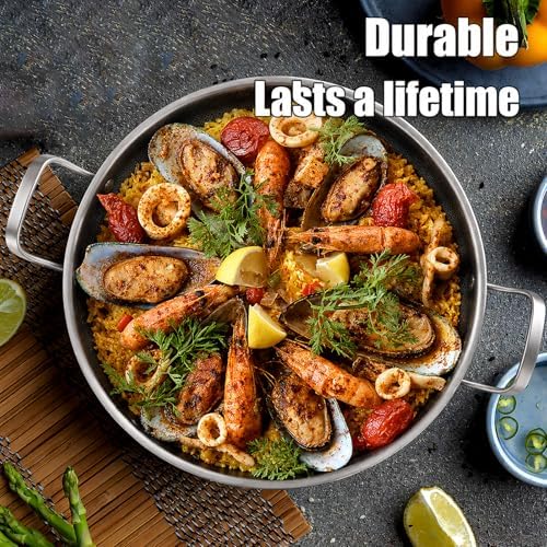 DELARLO 10 Inch Tri-Ply Stainless Steel Paella Pan with Lid, Nonstick Hybrid Frying Pan for Induction, Stainless Steel Frying Pan for Seafood, Rice, Indoor & Outdoor Cooking, Serves 4-6 People - Image 4