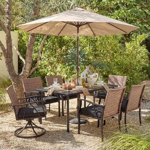 7-Piece Patio Dining Set for 6, Outdoor Dining Set with Wicker Swivel Patio Dining Chairs with Cushions & Black Rectangular Woodgrain Dining Table with 1.75”Umbrella Hole, Black & Brown by Andehomy