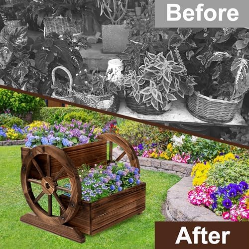 OIPRTGFJ Wooden Wagon Planter Box, Garden Planter with Wheels,Decorative Planter for Flowers Herbs Vegetables for Indoor & Outdoor Décor, Flower Cart for Patio Garden Balcony - Image 4
