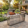 84" Outdoor Kitchen Island with 6-Burner Propane/Natural Gas Grill, Deluxe SS304 Stainless Steel BBQ Grill Station with Sink, Beverage Refrigerator, Granite Countertop & Rotisserie Kit, 75,300 BTU by HomeMindful