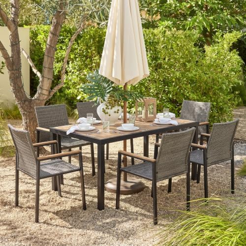7-Piece Patio Dining Set for 6, Outdoor Dining Set with Wicker Patio Dining Chairs with Acacia Wood Dining Table with 1.75”Umbrella Hole, Brown Grey - Image 2