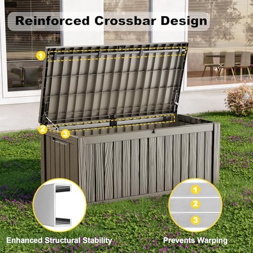 180 Gallon Resin Deck Box, Outdoor Storage Box, Waterproof UV Resistant Lockable，Weatherproof Organizer for Patio Furniture Cushions, Pool Accessories, Garden Tools, Indoor & Outdoor Use, Grey - Image 3