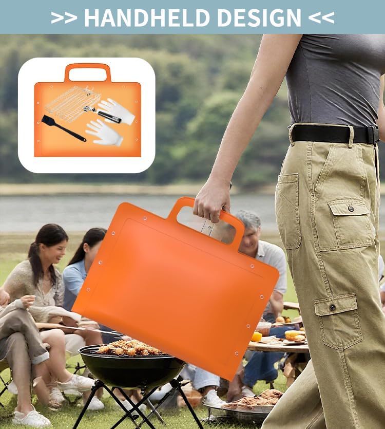 Large Silicone Grill Mat, Heat Resistant Non-Slip BBQ Mat, Foldable Grill Side Shelf Pad with Snap Buttons, Food-Grade, Convertible Storage Bag for BBQ Utensils & Accessories, Orange - Image 5
