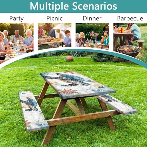 Picnic Table Cover with Bench Covers 6FT, Camping Essentials, Nautical Sea Turtle Ocean Windproof Waterproof Picnic Table Cloth, Fitted Tablecloth with Elastic Edge for Indoor Outdoor 3PCS 30x72 Inch - Image 4