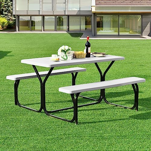 ORALNER Picnic Table, Resin Dining Table & 2 Benches Set, Weather Resistant Wood Grain Plastic Tabletop & Steel Frame, Picnic Tables for Outdoors, Porch Yard Patio Lawn Party Camping (White) - Image 7