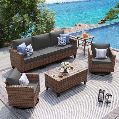 UDPATIO Patio Furniture Set, 5 Pieces Outdoor Conversation Sets with Rocking Swivel Chairs, Wicker Rattan Outdoor Sofa Set with Storage Table and Waterproof Covers for Backyard, Deck, Porch, Grey by UDPATIO