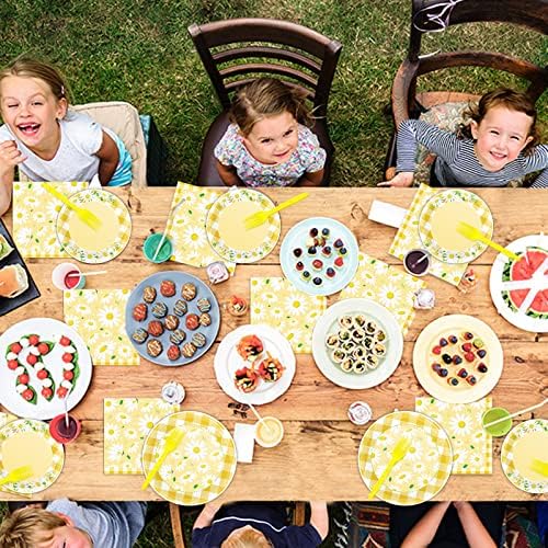 Wiooffen 96 Pcs Daisy Flower Party Supplies for 24 Guests Daisy Party Tableware Set Yellow Daisy Flower Birthday Party Pack Paper Plate Napkin Fork for Birthday Party Wedding Bridal Baby Shower - Image 7