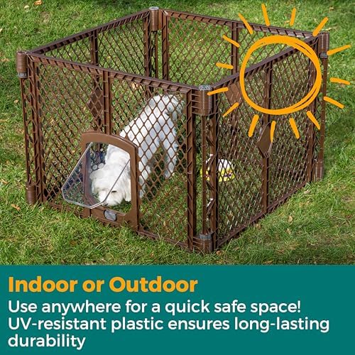 MyPet North States Petyard Passage: 4-Panel Folding Dog Playpen Indoor or Outdoor. 7 sq. ft. Puppy Playpen, Lockable Pet Door. Freestanding Play Pen Dog Gate. Made in USA. 26" Tall, Brown - Image 7