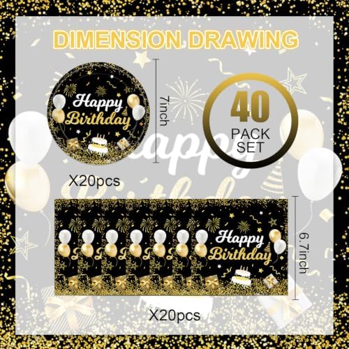 40Pcs Black Gold Glitter Happy Birthday Party Decorations Paper Plates and Napkins for Adult Men Women Birthday Celebrations,Suitable for 20 Guests - Image 2