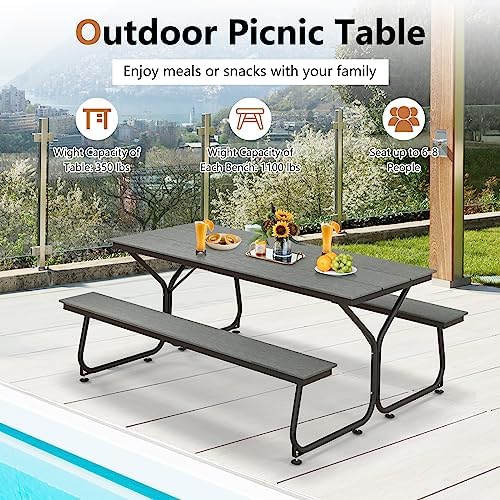 HAPPYGRILL Outdoor Picnic Table Bench Set, 2450 LBS Capacity Dining Table with 2 Benches for 6-8 People, Heavy Duty Metal Frame Picnic Table with HDPE Tabletop & Umbrella Hole for Patio Garden Yard - Image 4