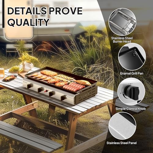 Bonnlo 4 Burner Portable Propane Griddle, 40,000BTU Gas Grill with Enameled Tray, Rolling Flat Top Gas Grill with Electronic Ignition & Regulator for Outdoor Camping Cooking BBQ - Image 4