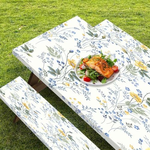 CAPSCEOLL Picnic Table Cover with Bench Covers 8ft - Blue Yellow Flowers - Image 5