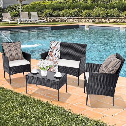 Patio Furniture Set 4 Pieces, Outdoor Rattan Furniture with Tempered Glass Coffee Table, Modern Rattan Patio Chairs Conversation Sets with Sofa for Garden, Terrace, Porch, Lawns - Image 2