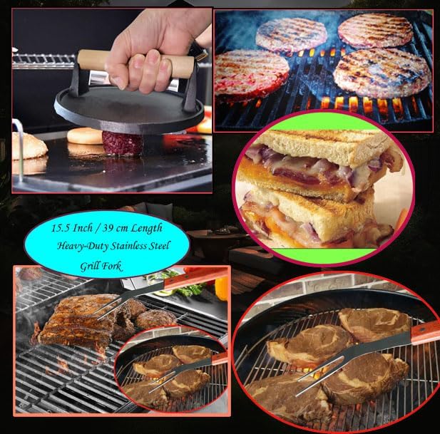 La Cuisine 8 Piece Flat Top Griddle BBQ Accessories Kit with Solid & Perforated Spatulas, Fork, Tong, Cast Iron Meat Press & Squeeze Bottles for Hibachi & Teppanyaki Cooking - Image 3