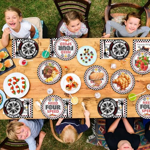 96Pcs Racing Car 4th Birthday Party Paper Plates and Napkins for Need Four Speeed Dessert Cake Plate Disposable Decor Racing Checkered Flag Tableware for Boy Kids Race Car 4 Years Birthday Decorations - Image 5
