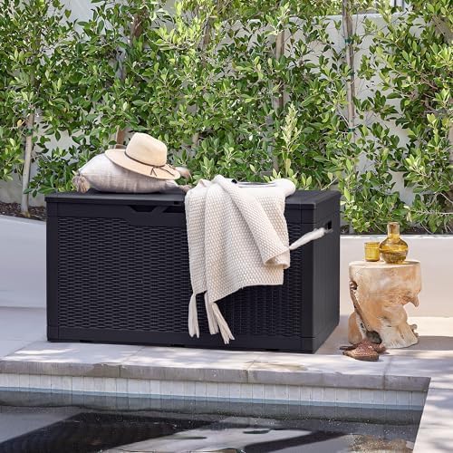 Devoko 97 Gallon Deck Box, Waterproof Resin Outdoor Storage Box for Outside and Patio, Large Outdoor Storage Bench Cabinet Lockable for Patio Furniture, Garden Tools and Pool Supplies (Black) - Image 2