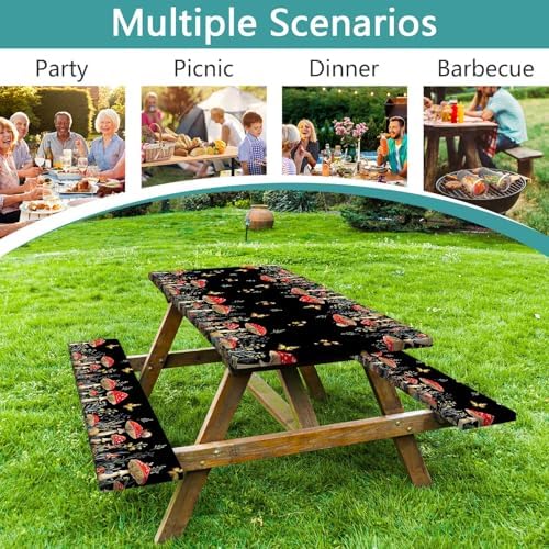 Mushroom Picnic Table Cover with Bench Covers, Camping Essentials, Waterproof Windproof Camping Tablecloth, Fitted Tablecloth Cover with Elastic Edge, for Indoor & Outdoor, Garden, 3 PCS, 30x60 Inch - Image 5