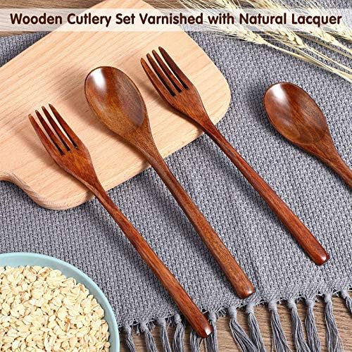 Patelai 16 Pieces Wooden Spoons Forks Set Wooden Utensils for Eating - Image 3