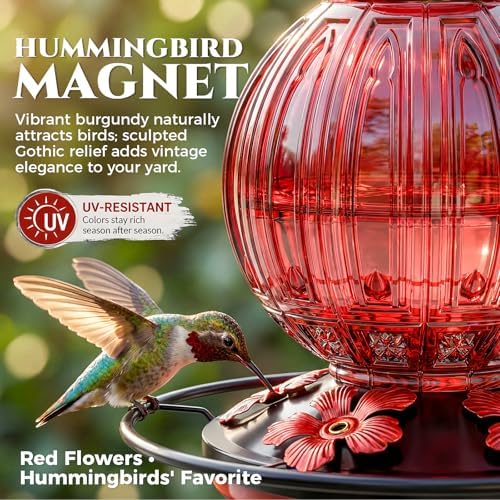 2 Pack Glass Hummingbird Feeder for Outdoors Hanging, Bird Nectar Feeder with Perch & 5 Flower Feeding Ports, 26 Oz Leak Proof for Outside Garden Decor Backyard, Gifts for Women Mom, Red + Blue - Image 2