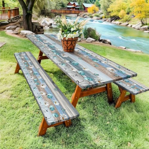 Floral Picnic Table Cover with Bench Covers, Camping Essentials, Wooden Flower Butterfly Waterproof Windproof, Fitted Tablecloth Cover with Elastic Edge, for Indoor, Outdoor, 3 PCS, 30x60 Inch - Image 3