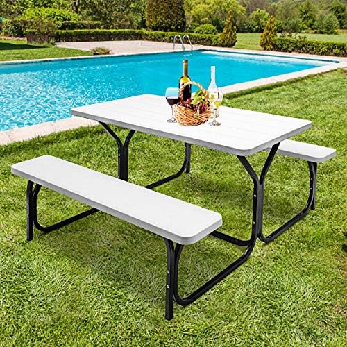 ORALNER Picnic Table, Resin Dining Table & 2 Benches Set, Weather Resistant Wood Grain Plastic Tabletop & Steel Frame, Picnic Tables for Outdoors, Porch Yard Patio Lawn Party Camping (White) - Image 4