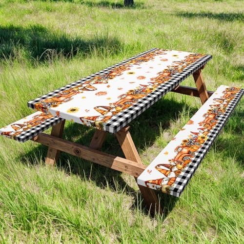Fall Picnic Table Cover with Bench Covers, Camping Essentials, Buffalo Plaid Thanksgiving Pumpkin Waterproof Windproof, Fitted Tablecloth Cover with Elastic Edge, Indoor & Outdoor, 3 PCS, 30x96 Inch - Image 2