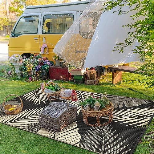 GENIMO Outdoor Rug, Waterproof Plastic Rugs for Patio, 5'x8' Black Beige - Image 3
