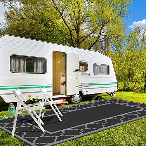 GENIMO Outdoor Rug, Waterproof Plastic Rugs 9'x18' for Camping Black Gray - Image 2