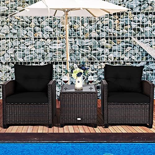 Tangkula 3 Pieces Patio Furniture Set, PE Rattan Wicker 3 Pcs Outdoor Sofa Set w/Washable Cushion and Tempered Glass Tabletop, Conversation Furniture for Garden Poolside Balcony (Black) - Image 2