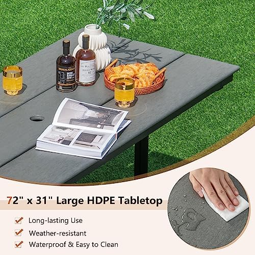 HAPPYGRILL Outdoor Picnic Table Bench Set, 2450 LBS Capacity Dining Table with 2 Benches for 6-8 People, Heavy Duty Metal Frame Picnic Table with HDPE Tabletop & Umbrella Hole for Patio Garden Yard - Image 6