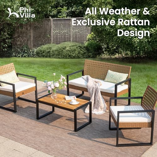 PHI VILLA 4 Piece Brown Wicker Patio Furniture Set with Beige(Round Hole) - Image 2