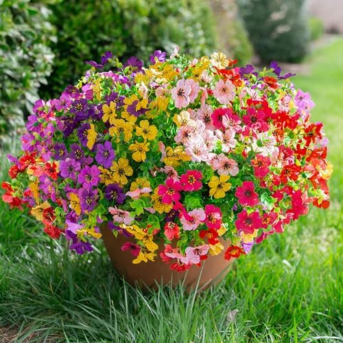 Daisy Artificial Flowers for Outdoors Decor, 12 Bundles Faux Daisy with Eucalyptus Fake Plants Greenery UV Resistant Look Real Colorful Faux Flowers for Outside Planter Porch Patio Yard Gardens, Mix - Image 3