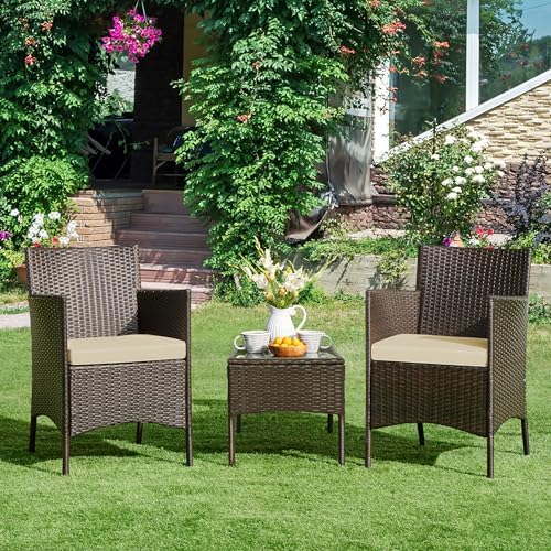 Yaheetech 3 Pieces Patio Porch Furniture Set, Outdoor PE Rattan Wicker Conversation Set with Soft Cushions, Glass Coffee Table & 2 Chairs for Garden/Deck/Courtyard/Poolside, Brown/Khaki - Image 4