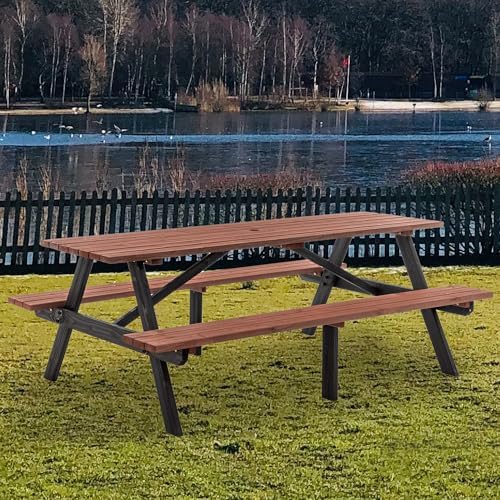 Brown 75" Rectangular Wooden Picnic Table for Outdoors by QUAWIP