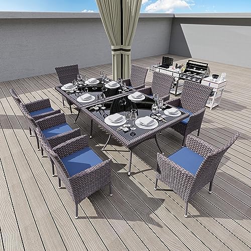 Gotland 10 Piece Outdoor Dining Set, All-Weather Rattan Patio Furniture Set with Umbrella Hole Tempered Glass Square Table, Outdoor Table and Chairs with Removable Cushions for Backyard, Deck Navy - Image 6