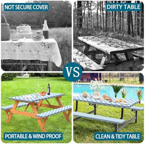 Picnic Table Cover with Bench Covers and Bag, Blue and White Checkered Gingham Buffalo Plaid Camping Tablecloth Waterproof Windproof Elastic Edges Fitted Tablecloths for Outdoor Garden 3PCS 30x60 Inch - Image 4