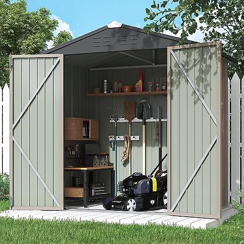 Flamaker 6x4 FT Storage Shed Waterproof Metal Garden Shed with Lockable Door Utility Tool Shed Outdoor Storage for Backyard, Patio and Lawn, Brown - Image 6