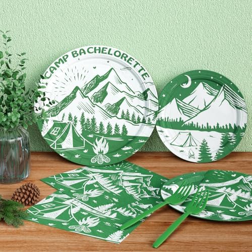 Hombae Camp Bachelorette Supplies Tableware Set, Last Trail Before the Veil Bachelorette Decor, Green Camping Bachelorette Party Decorations, Camp Theme Plates, Napkins, Forks, Serves 24 Guests - Image 6